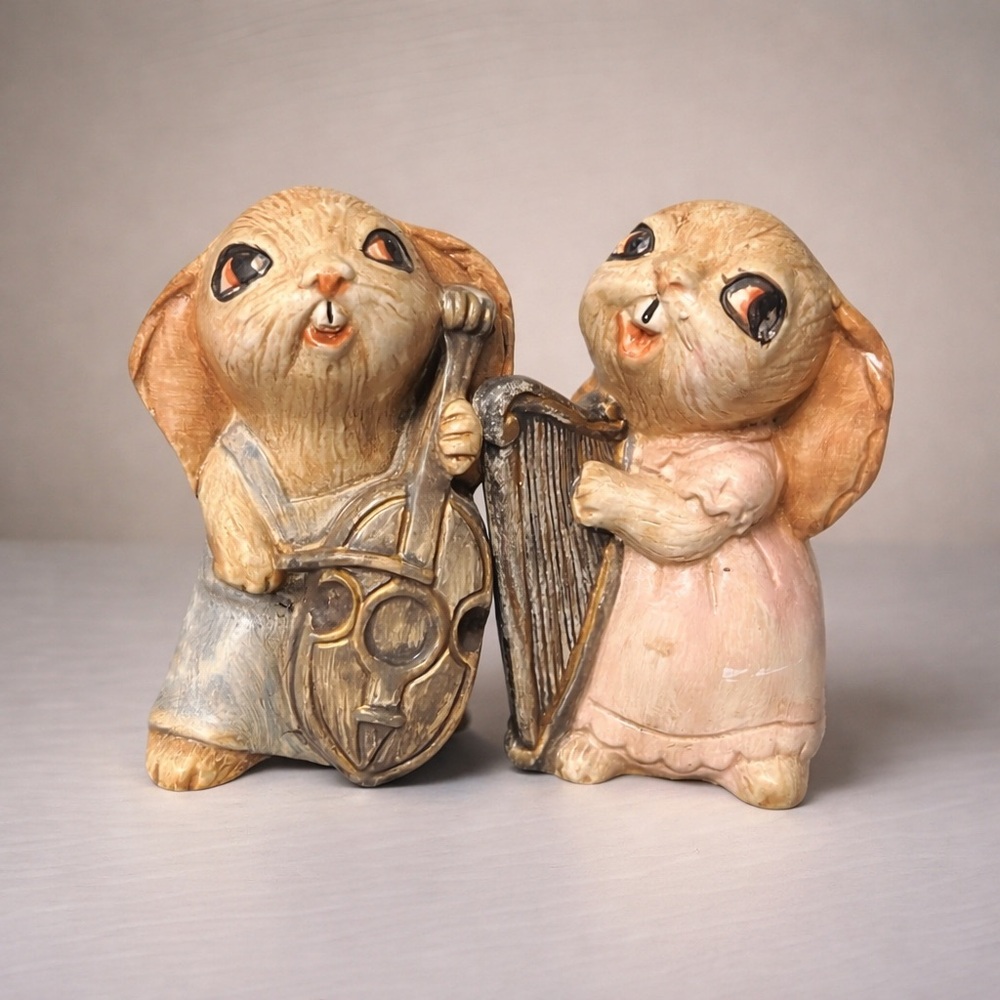 Vtg Ceramic Bunny Musician Figurines Pair Rabbit Harp Cello Whimsical Easter